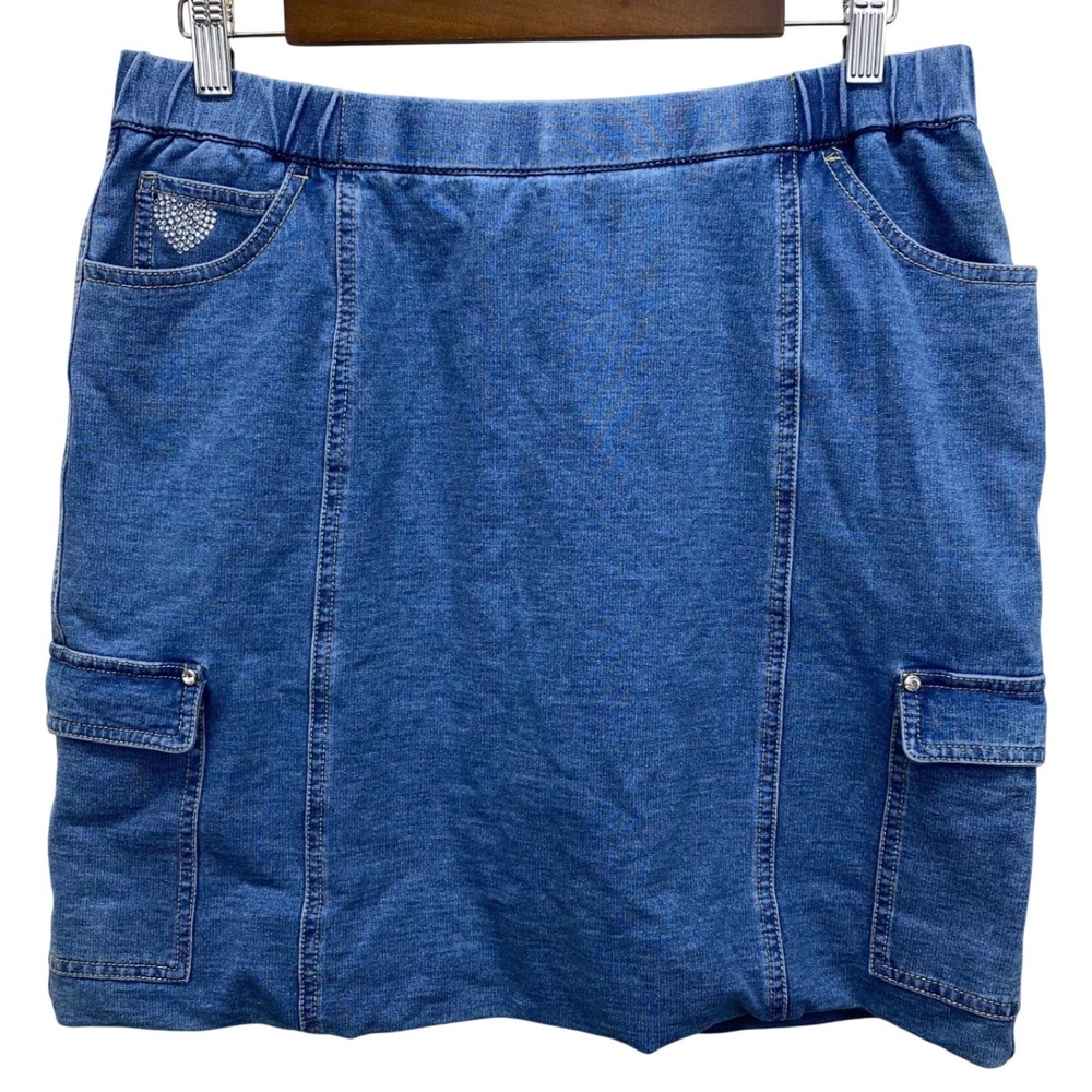 Quacker Factory DreamJeannes Skort Womens Medium Blue Cargo Rhinestone Heart